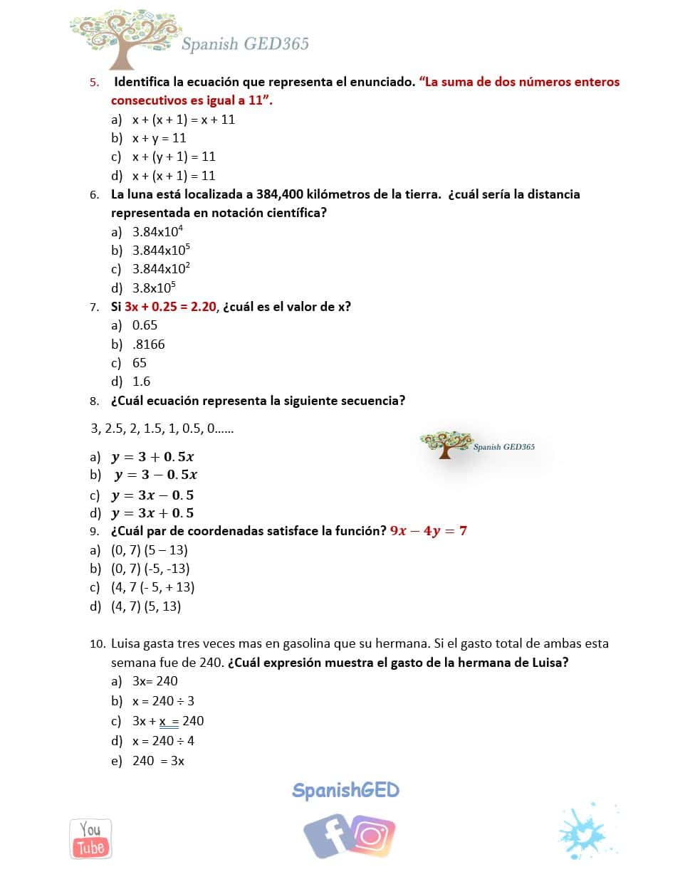 Examen De Practica -ÁLGEBRA - Spanish GED 365